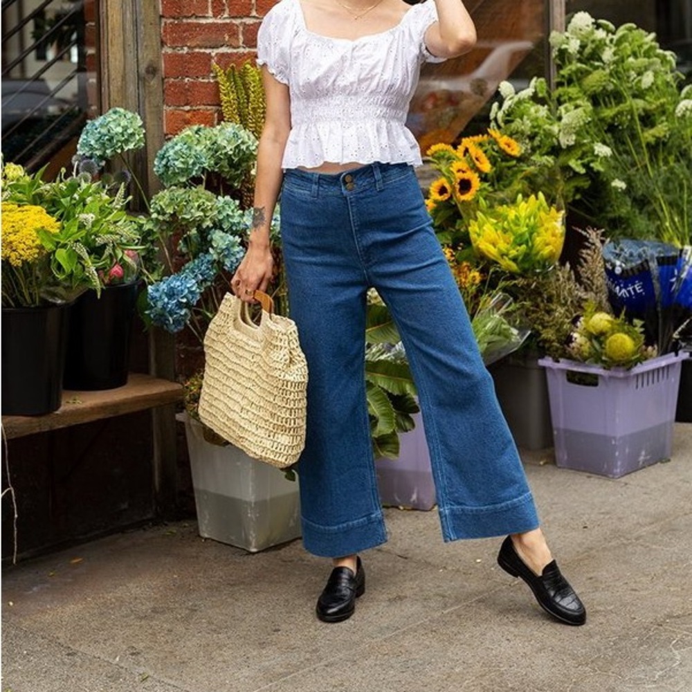 Apiece Apart Merida Pant Wide Leg Cropped Blue Denim Jean Size 0